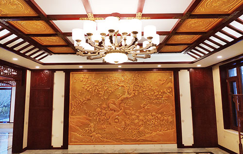 张掖中式别墅客厅中式木作横梁吊顶装饰展示